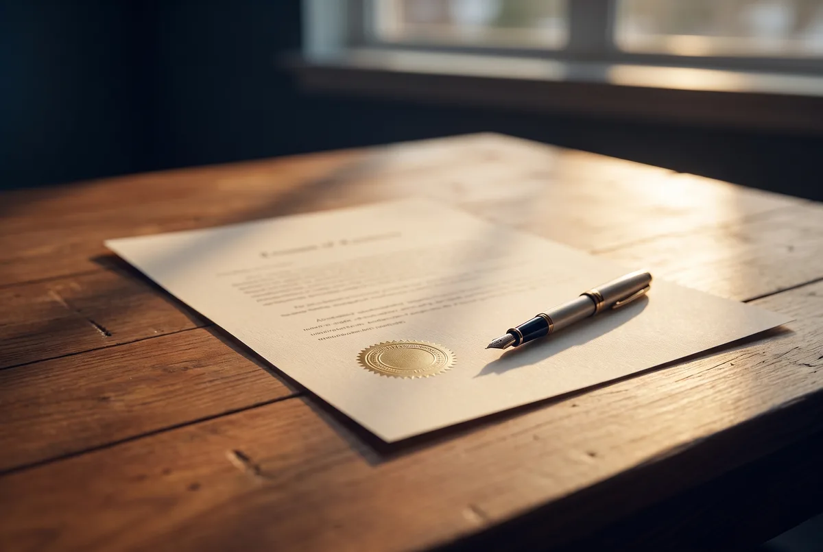 Documento de fianza sellado con una pluma sobre un escritorio al amanecer