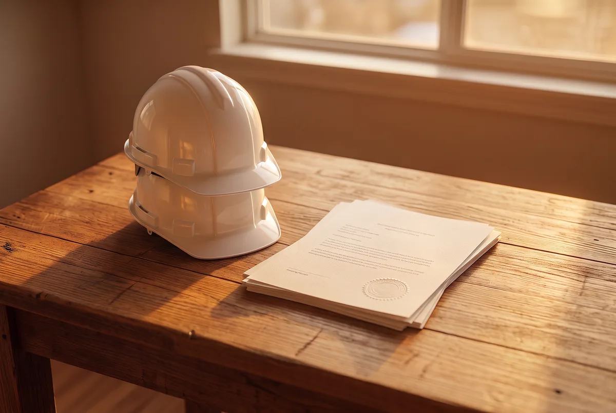 Dos cascos de obra apilados junto a documentos sellados sobre una mesa de trabajo