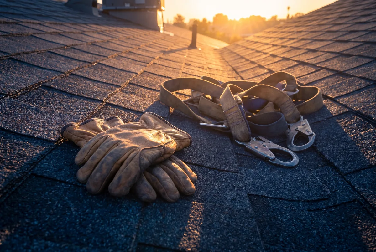 Guantes de trabajo y equipo de seguridad sobre una superficie de obra a la luz del amanecer